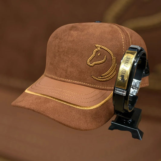 Combo Caballista - Gorra Café + Manilla Caballista en Acero Dorado